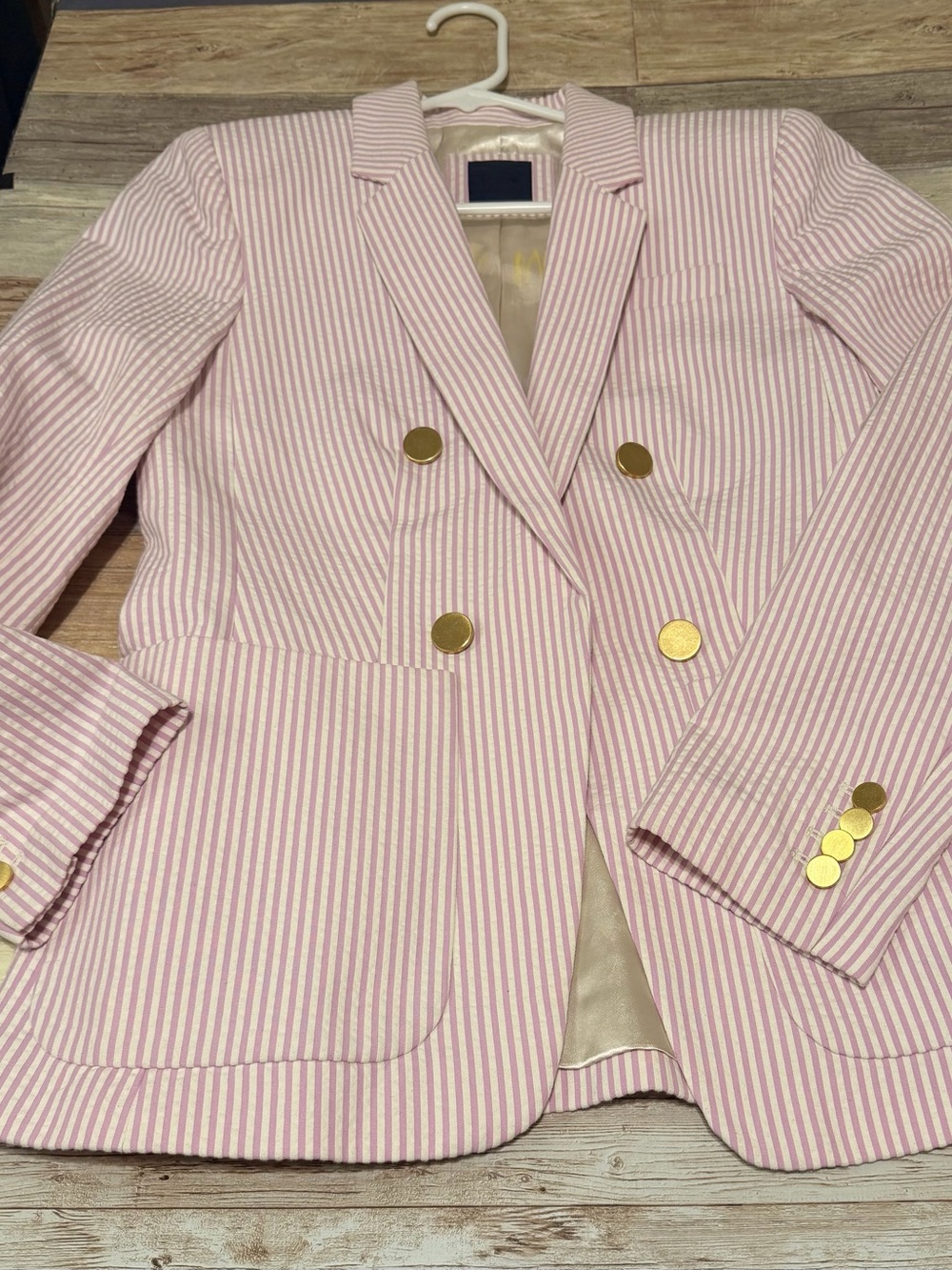 Vintage J Crew Striped Pink Double-Breasted Women’s Pink/Cream Striped Blazer 6 - Picture 2 of 5